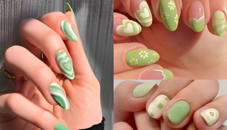 Nail hoa cúc phối nền xanh lá hoặc đen tạo sự nổi bật